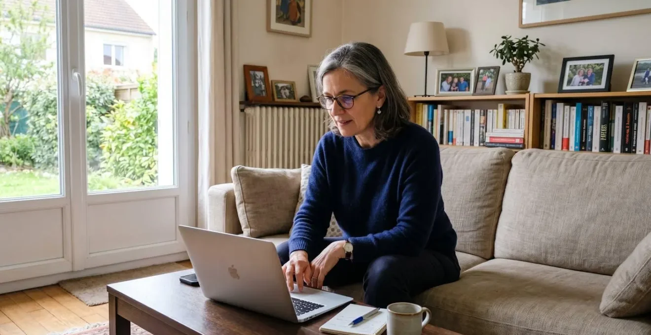 Une femme d'environ 55 ans assise dans un canapé confortable de salon lumineux, consultant attentivement son ordinateur portable avec une expression concentrée