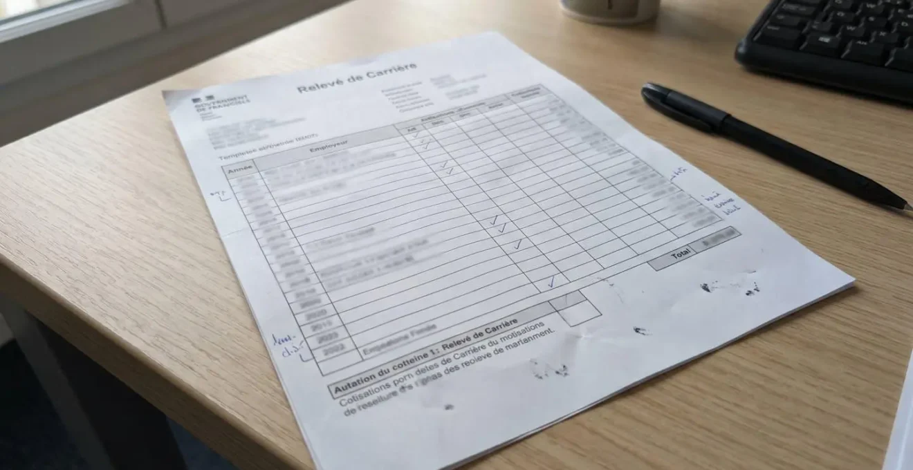 Gros plan sur les mains d'une personne consultant un document administratif avec des chiffres de retraite, calculatrice et stylo posés sur une table en bois clair